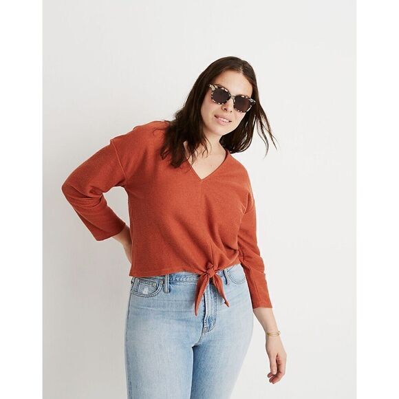 Madewell Texture & Thread Olive Green 100% Cotton Tie Front Top size Large - Picture 1 of 9